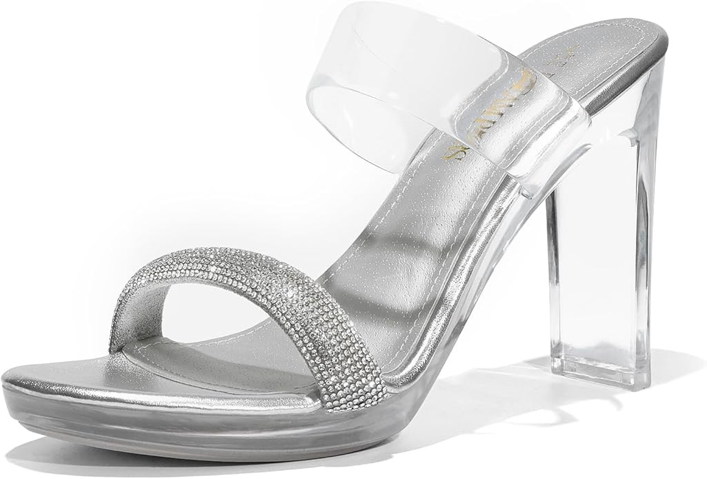 DREAM PAIRS Women's Clear Two Strap Open Toe High Block Chunky Slip on Dress Heel Sandals | Amazon (US)