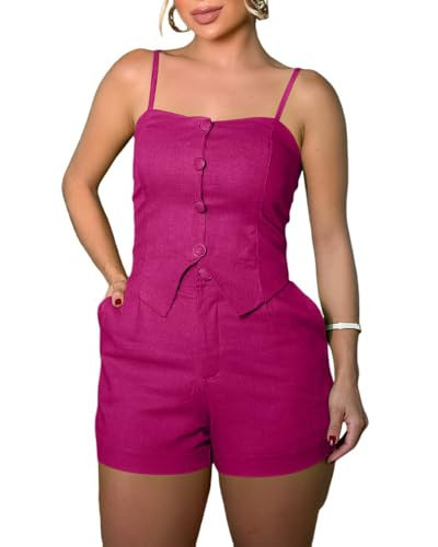 CHICME Women’s Beach Vacation 2 Piece Outfits Adjustable Spaghetti Straps Button Top and Casual Zipper Shorts Set Hot Pink-XL | Amazon (US)