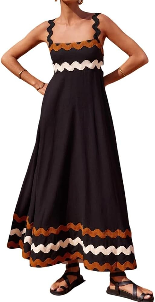 Women's Casual Summer Shirred Back Vacation RIC Rac Flowy Maxi Dress | Amazon (US)