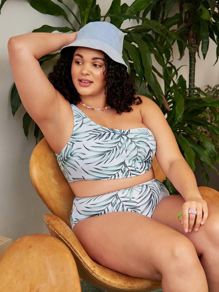 Plus Plant Print One Shoulder Bikini Swimsuit | SHEIN