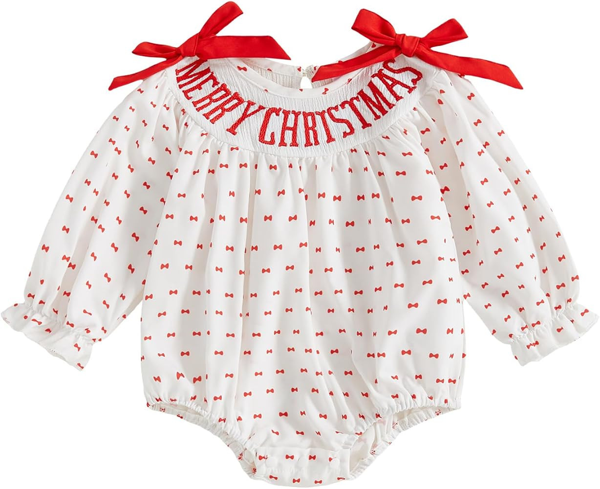 Newborn Infant Baby Girl Christmas Outfit Embroidery Long Sleeve Smocked Bubble Romper Ruffle Bod... | Amazon (US)