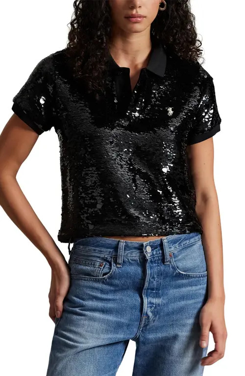 Polo Ralph Lauren Sequin Crop Polo in Polo Black at Nordstrom, Size Xx-Small | Nordstrom