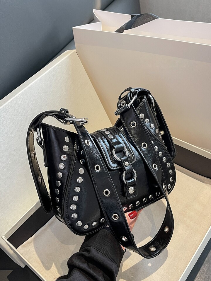 Funky Punk Style Steampunk Gothic Style Y2K Stylish Novelty Studded Decor Underarm Bag, Punk Moto... | SHEIN
