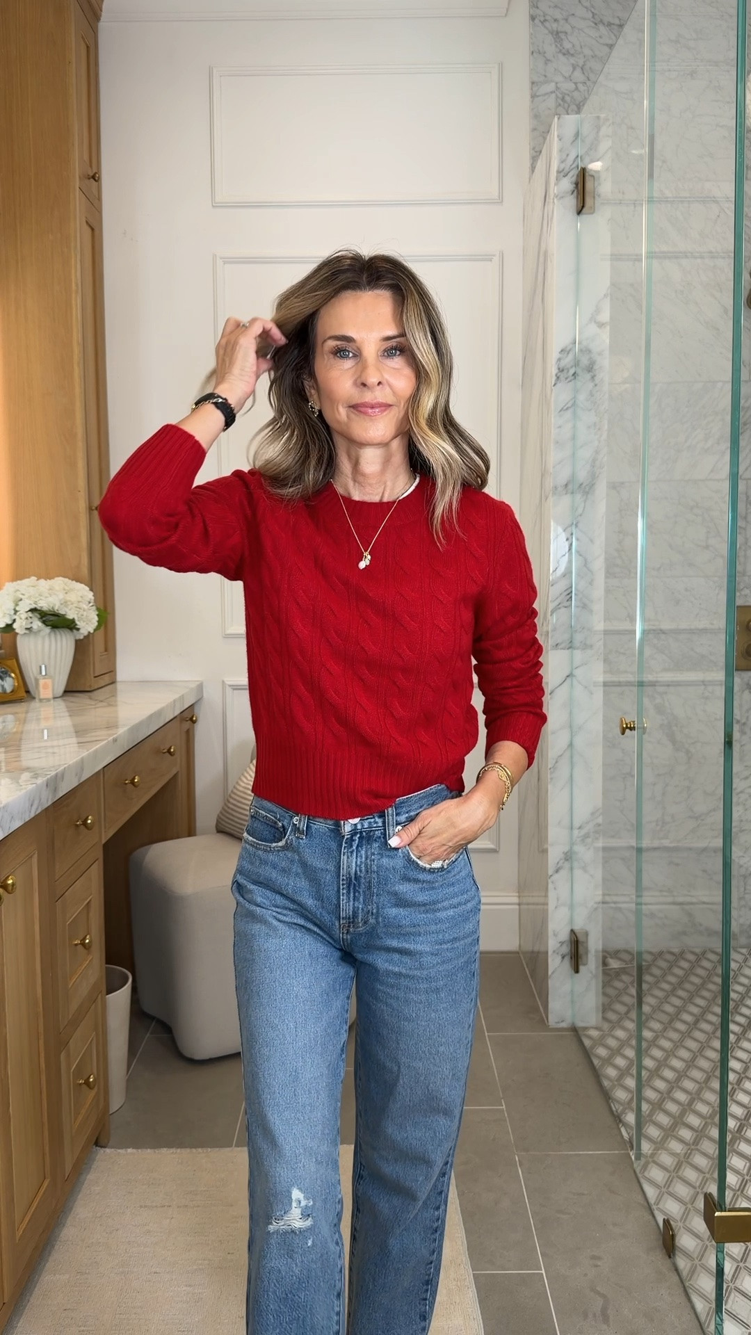 3 sweaters you need! I’m 5’6’’ 
-red cashmere cable knit Crewneck size S
-jeans I like to size up one, they shrink a touch in the wash!
@Quince #quincepartner

#LTKootd #LTKSeasonal #LTKOver40