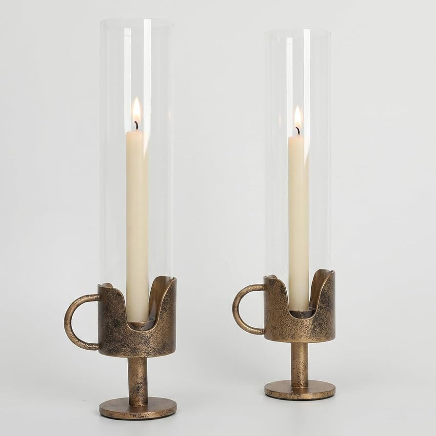 Antique Brass Hurricane Candle Holders with Clear Glass Tube, Set of 2 | Amazon (US)