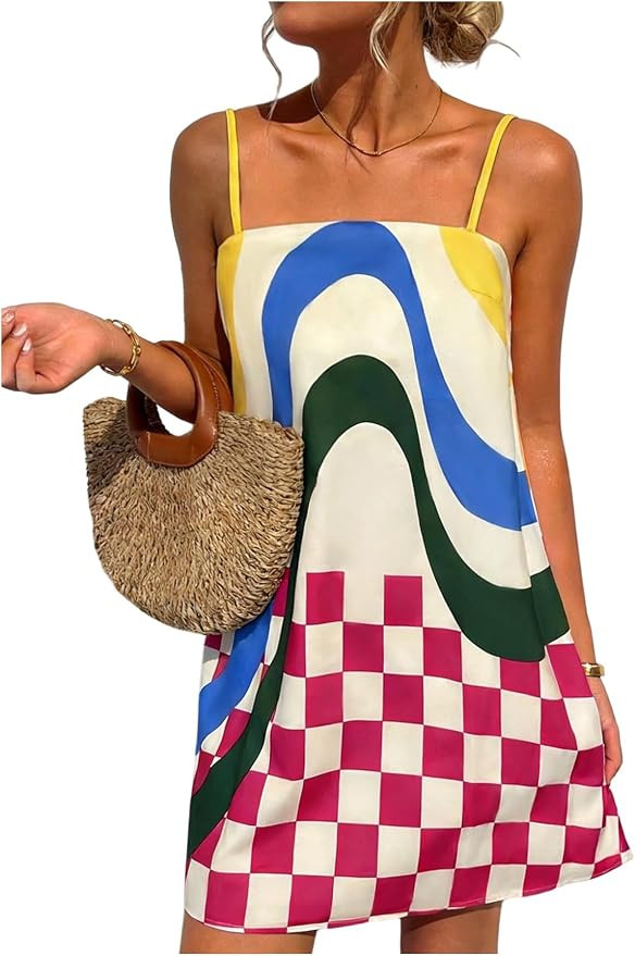 RoseSeek Women's Color Block Cami Dress Checker Print Mini Dresses | Amazon (US)