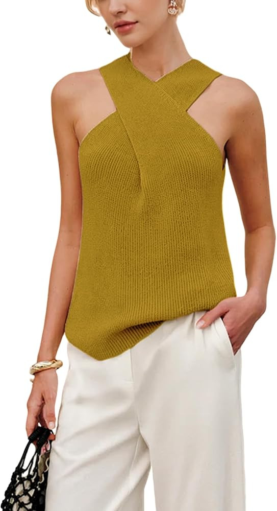 Yeokou Women Halter Cross Over Collar Tank Knit Sleeveless Top Solid Color Casual Summer Blouse | Amazon (US)