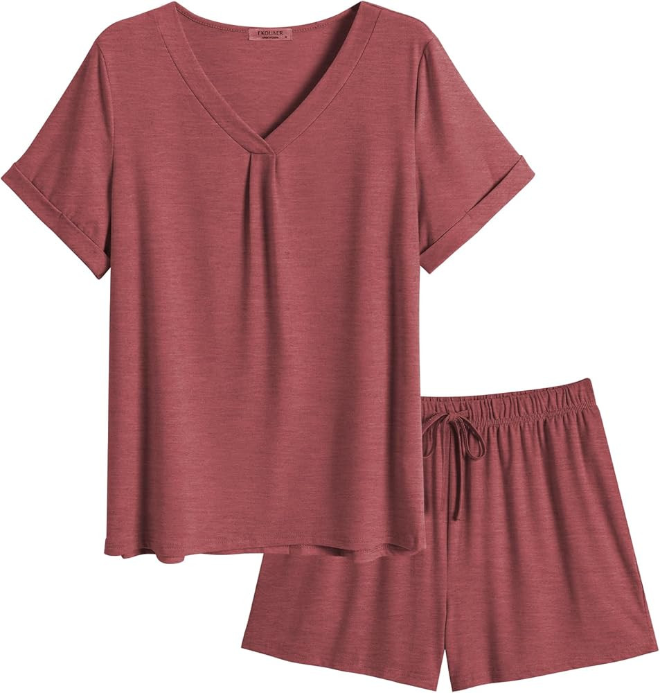 Ekouaer Pajamas Set Women's Short Sleeve Loungewear 2 Piece PJ Shorts Sets Soft Sleepwear with Po... | Amazon (CA)