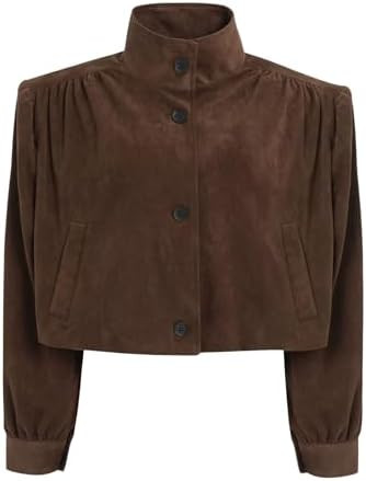 Xunger Women's Faux Suede Gathered Jacket Casual Stand Collar Cropped Coat Long Sleeves Loose Fit... | Amazon (US)