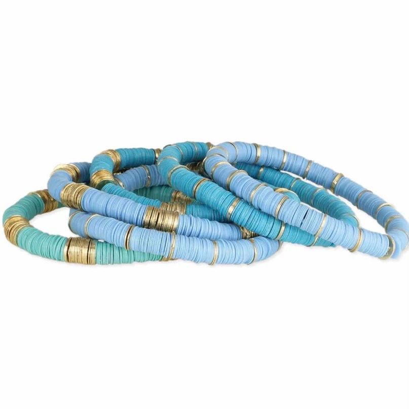 Blues/Turquoise Gold Disc Heishi Bracelets (Set of 6) | Sea Marie Designs