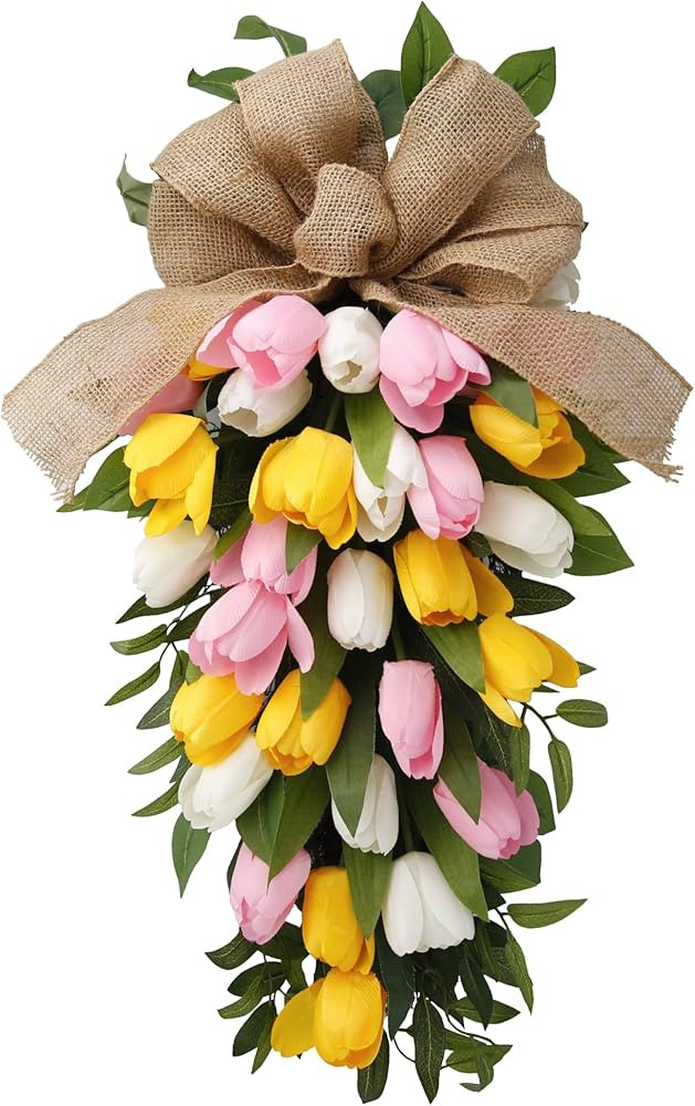26" Artificial Tulips Teardrop Swag with Burlap Bow, Handmade Spring Easter Teardrop Wreath for F... | Amazon (US)