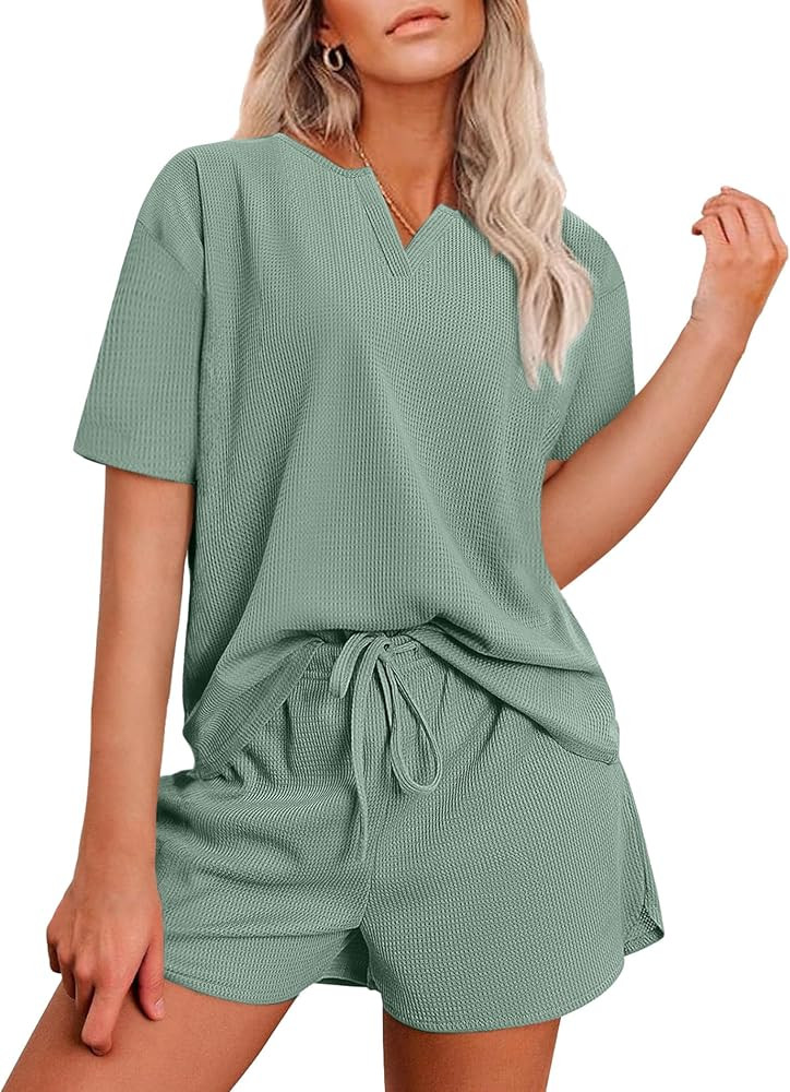 Pajamas Lounge Sets for Women 2 Piece Shorts Waffle Knit Summer Comfy Pj Loungewear Set Sleepwear... | Amazon (US)