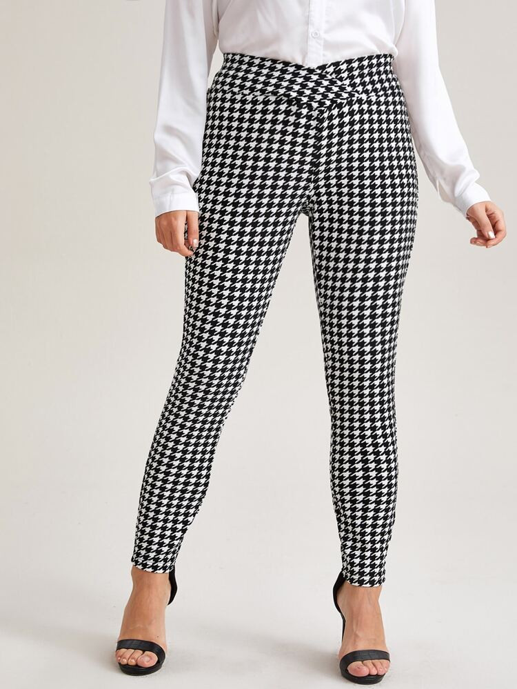 SHEIN Plus Overlap Waist Houndstooth Pants | SHEIN