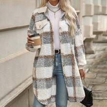 Plaid Print Drop Shoulder Teddy Coat | SHEIN