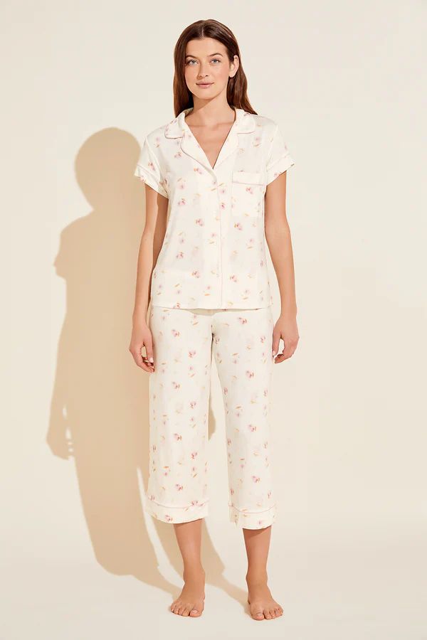 Gisele Printed TENCEL™ Modal Short Sleeve Cropped PJ Set - Tulip Off White/Light Lilac | Eberjey