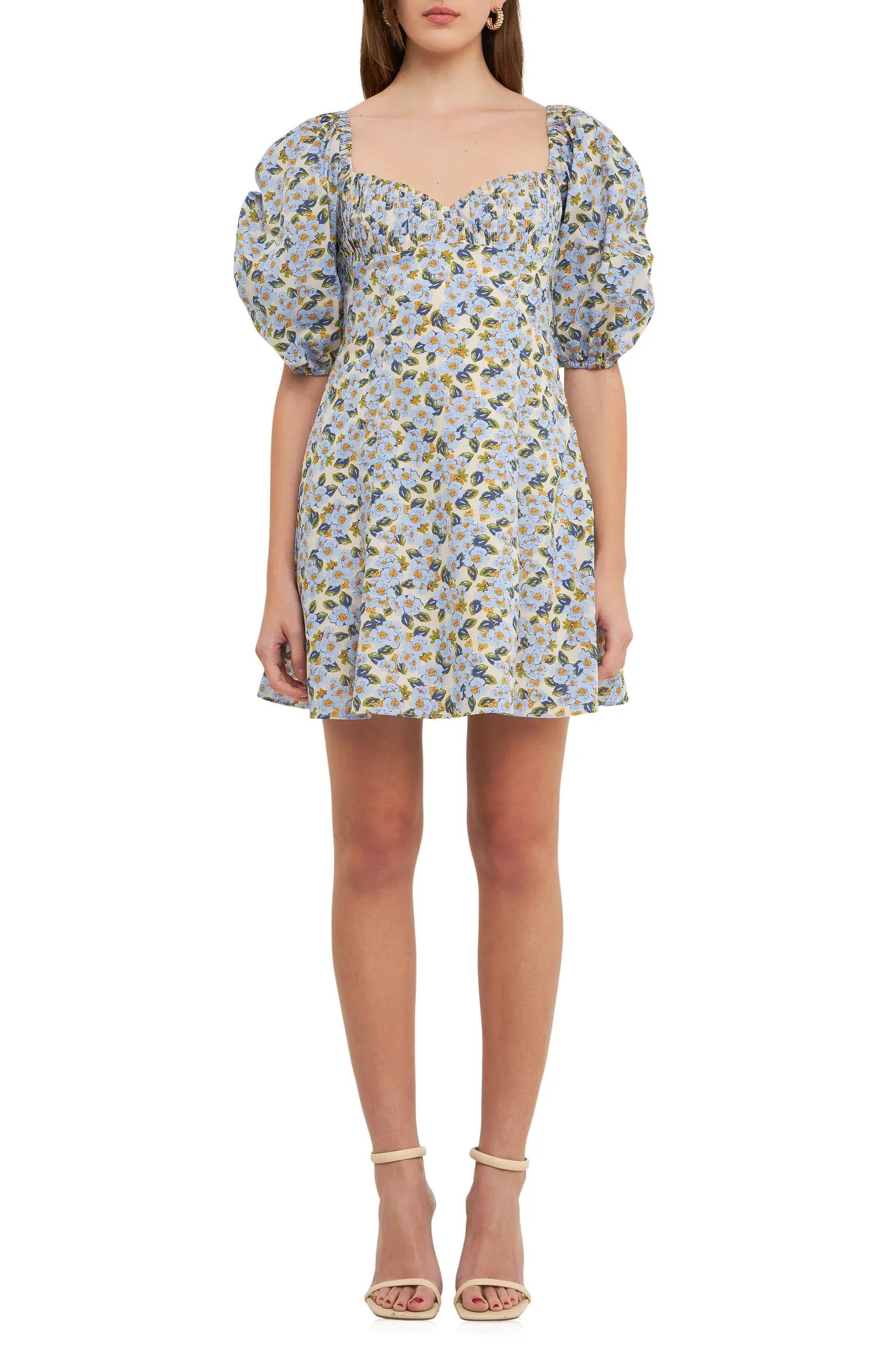 Floral Print Pintuck Puff Sleeve Minidress | Nordstrom