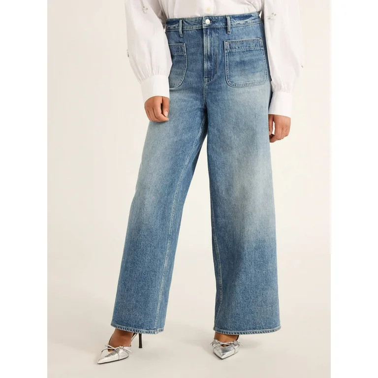 Free Assembly Women's and Women's Plus Patch Pocket Wide Leg Jeans, 32” Inseam, Sizes 0-28W | Walmart (US)