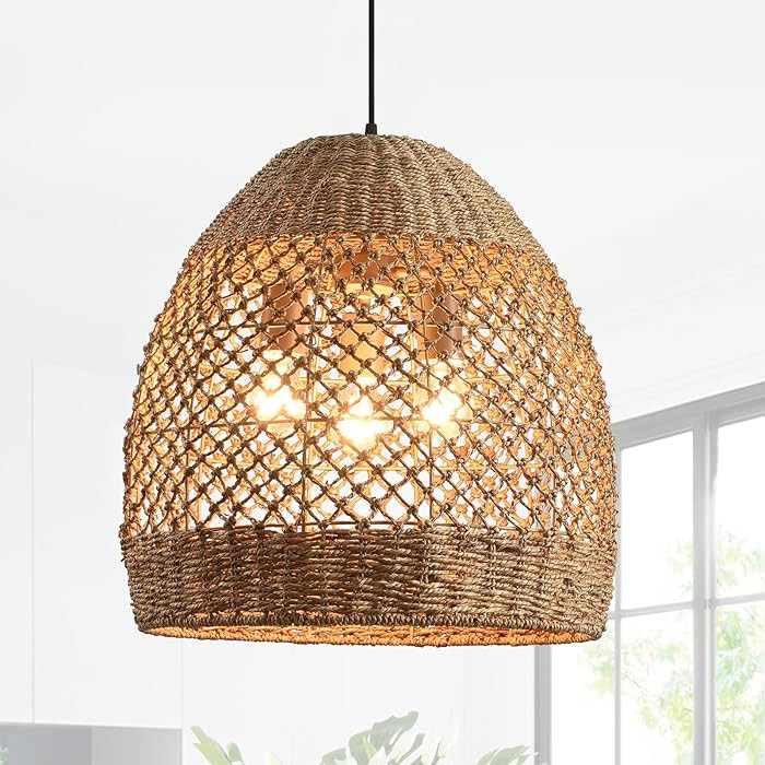 19.7" Rattan Light Large Pendant Light Fixture,Boho Coastal Ceiling Hanging Woven Wicker Chandeli... | Amazon (US)