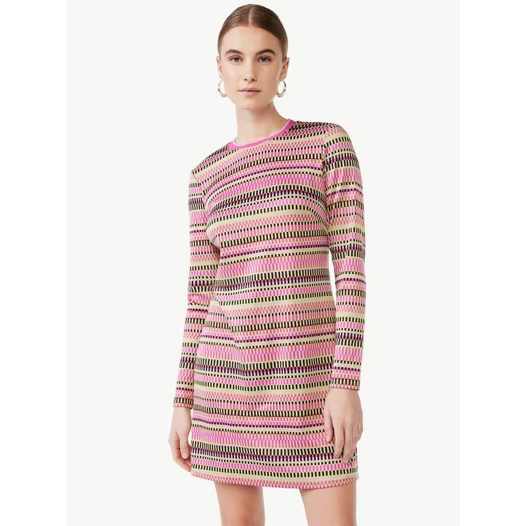 Scoop Women's Crewneck Jacquard Short Dress with Long Sleeves, Sizes XS-XXL | Walmart (US)