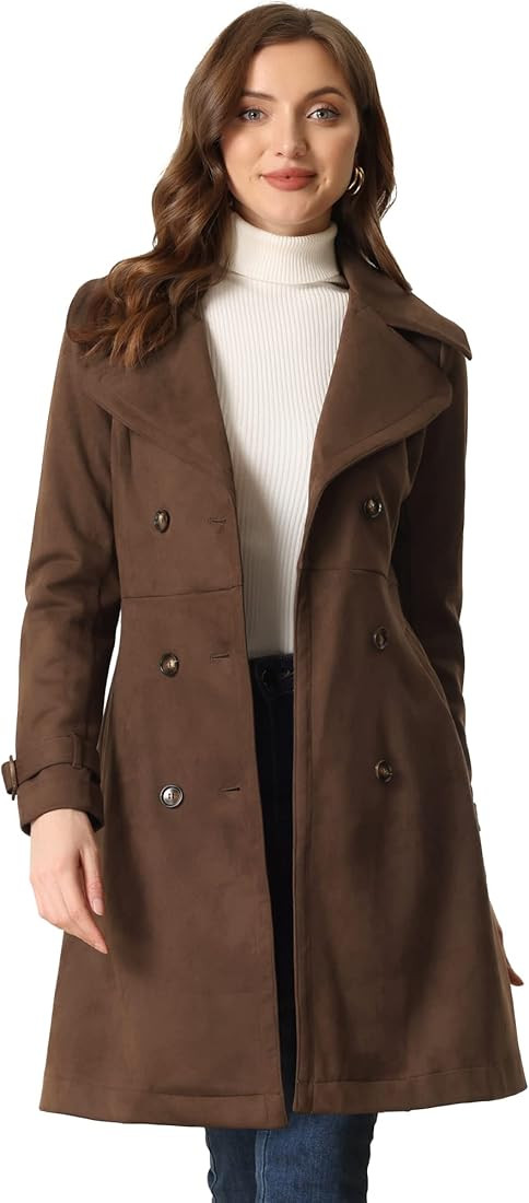 Allegra K Women's Faux Suede Trench Coat Jacket Classic 2023 Fall Winter Double Breasted Overcoat | Amazon (US)