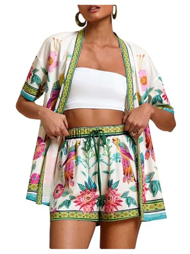 Amazon.com: MakeMeChic Women's Two Piece Sets Summer Tropical Vacation Outfits Boho Floral Kimono... | Amazon (US)