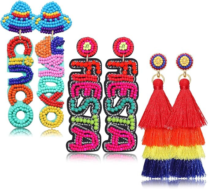 3 Pairs Cinco De Mayo Earrings for Women Beaded Fiesta Earrings, Colorful Pinata Chili Sombrero E... | Amazon (US)