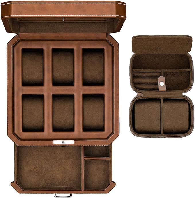 Gift Set 6 Slot Leather Watch Box with Valet Drawer - Luxury Watch Case Display Organizer, Micros... | Amazon (US)