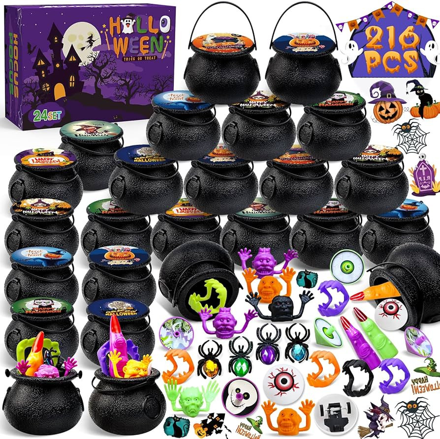 216PCS Halloween Party Favors, 24 Pack Prefilled Small Plastic Witch Cauldron with Assorted Hallo... | Amazon (US)