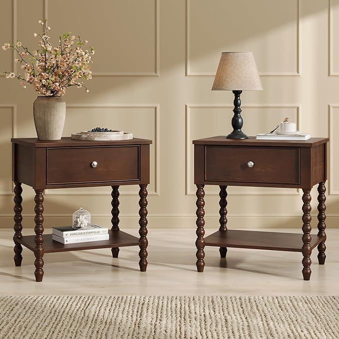 AMERLIFE Solid Wood Nightstand Set of 2 with Turned Legs, Vintage Wide Bedside Table with Drawer ... | Amazon (US)