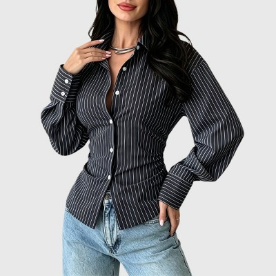 Women's Striped Button Down Shirt Cinched Waist Long Sleeve Lace Up Back Business Casual Blouse Black S | Target