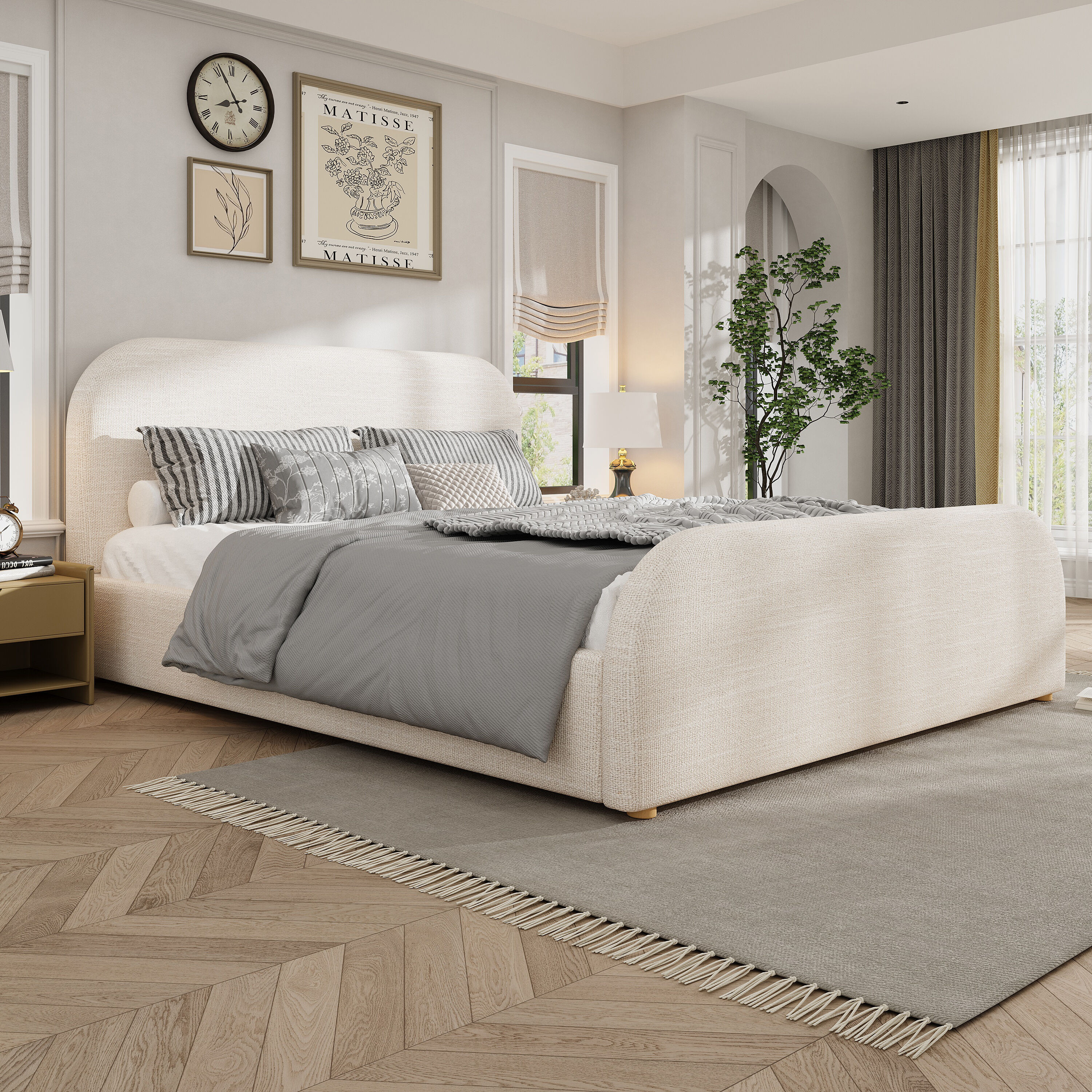 Christopher Knight Home Dresvik Modern Wood Upholstered King Size Bed Frame with Curved Linen Upholstered Headboard and Solid Wood Legs Beige in Gray | Lowe's