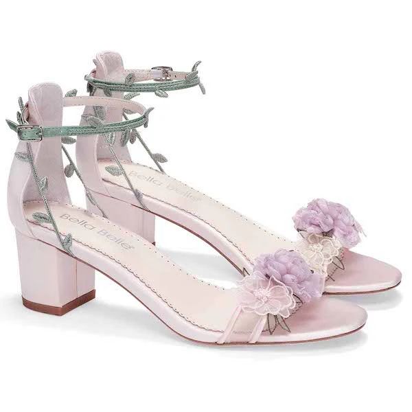 Blush Bridal Block Heels with Chiffon Flowers | Bella Belle Shoes