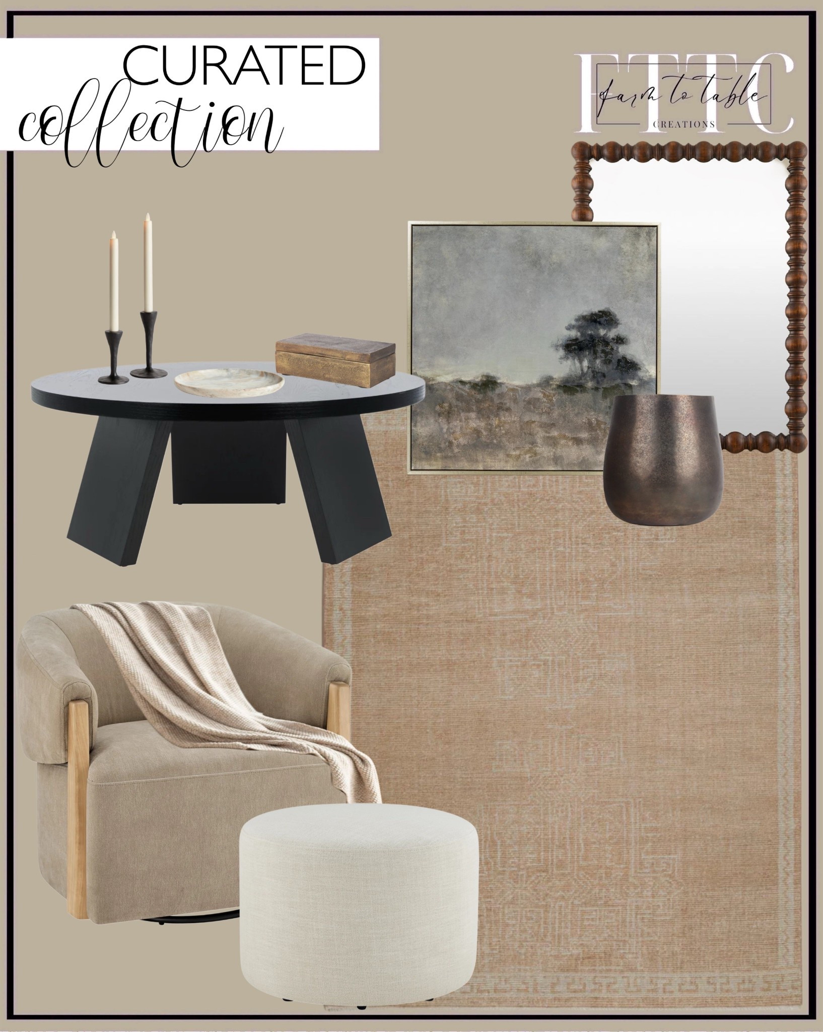Neutral Curated Living Room Collection — Swivel Chair, Black Accent Table & Beige Rug

Follow @farmtotablecreations on Instagram for more neutral home inspiration 🤍

This curated collection pulls together warm neutrals, soft textures, and timeless shapes for a cozy, designer-inspired living space. The plush swivel chair paired with the soft round ottoman creates an inviting spot to relax, while the bold black accent table adds contrast and grounding. Layered with a warm beige patterned rug, sculptural decor, and earthy tones, this combination feels elevated yet approachable — perfect for living rooms, reading corners, or bedroom seating areas.

Everything coordinates beautifully for a high-end look without the high-end price tag, and each piece can also work on its own to refresh an existing space.

#accentchair #swivelchair #ottoman #arearug #livingroomrug #accenttable #livingroomdecor #neutraldecor #livingroomfurniture #homedecor #decorfinds #rugs #chairs #coffeetable

#LTKHome #LTKFindsUnder100

#LTKSaleAlert #LTKHome