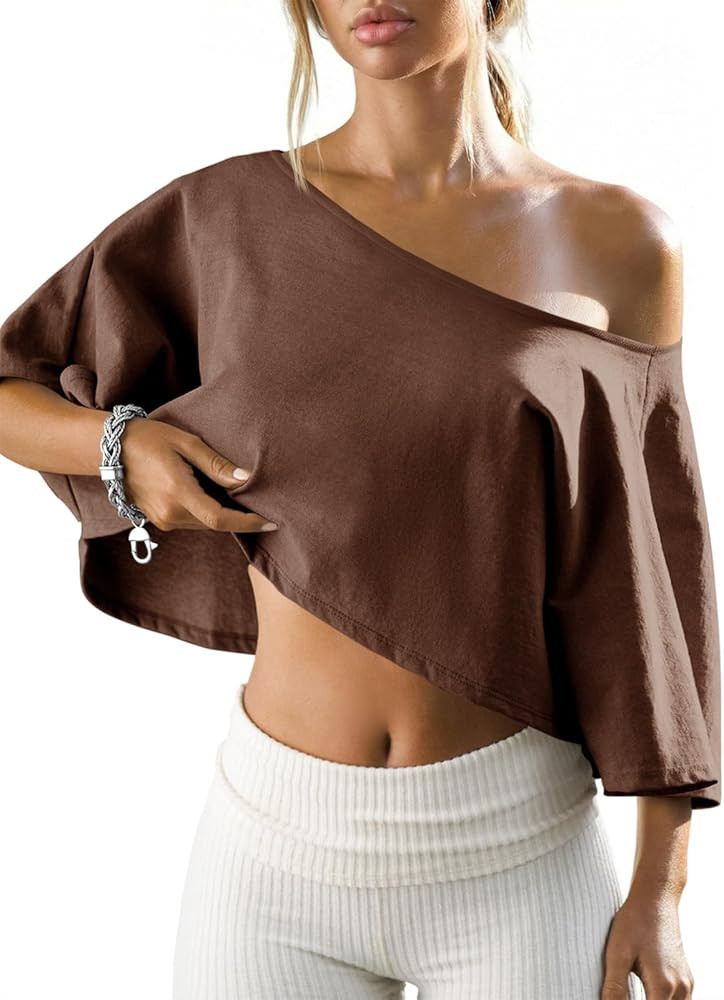 Fisoew Womens Off The Shoulder Cropped Tops Batwing Short Sleeve Workout Shirts Asymmetrical Neck... | Amazon (US)