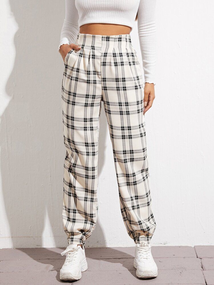 High Waist Fold Pleat Tartan Pants | SHEIN