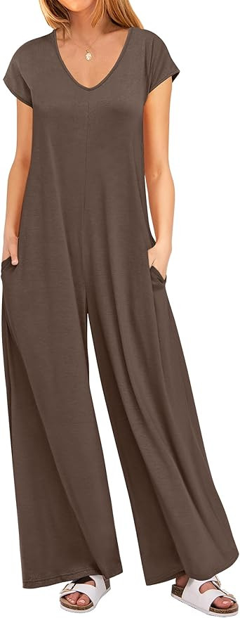 ANRABESS Jumpsuits for Women 2026 Summer Casual Loose Cap Sleeve Crewneck Wide Leg Rompers Jumper... | Amazon (US)