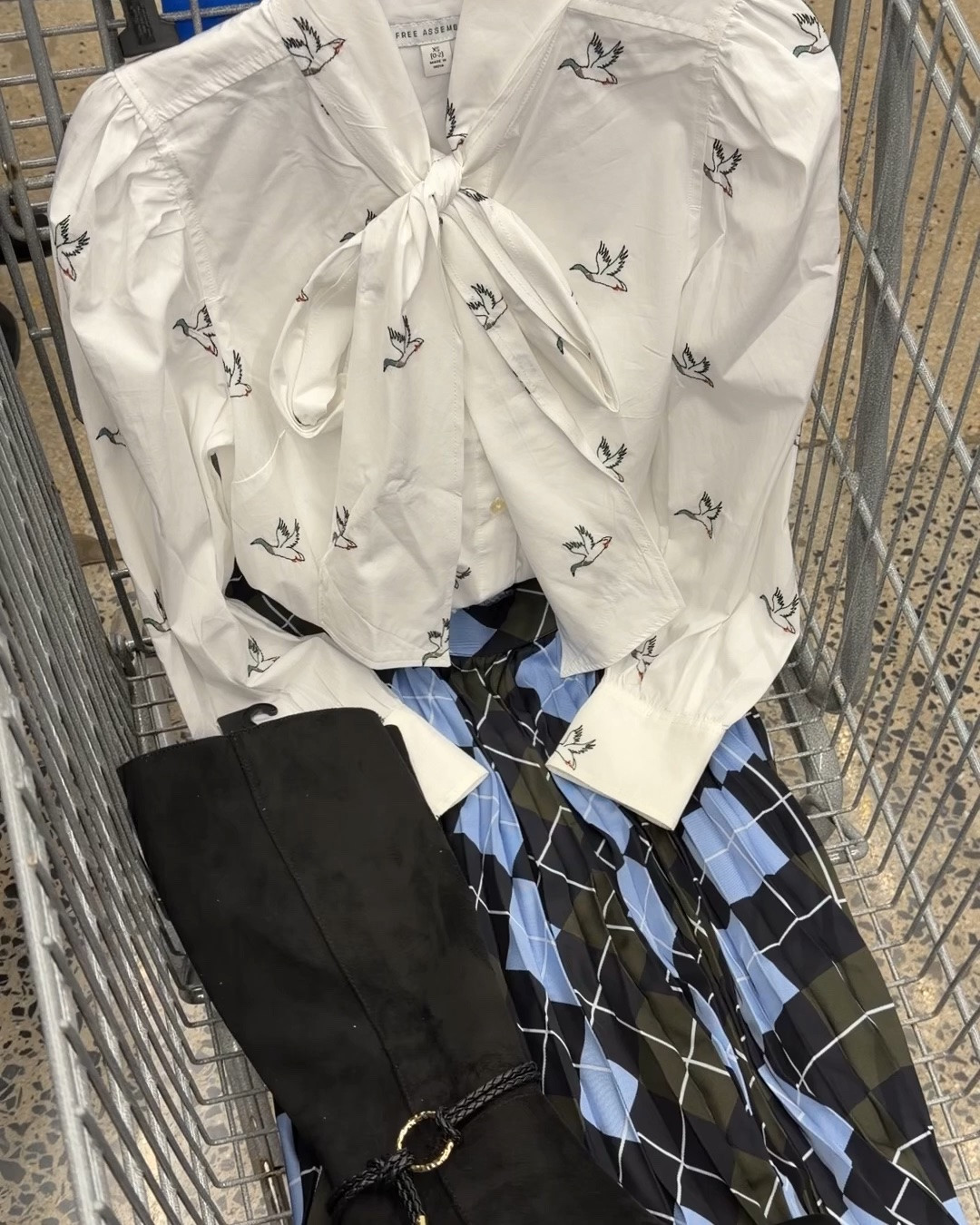 Walmart fall outfit idea with this pleated argyle skirt and duck embroidered bow blouse in cotton, tall boots. Swipe for AI visualization. #walmartfashion
