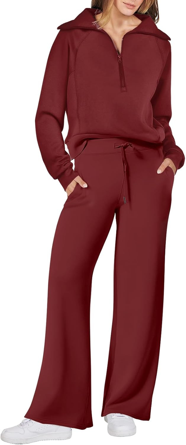 ANRABESS Women 2 Piece Outfits Sweatsuit Set 2023 Fall Oversized Half Zip Sweatshirt Wide Leg Sweatp | Amazon (US)