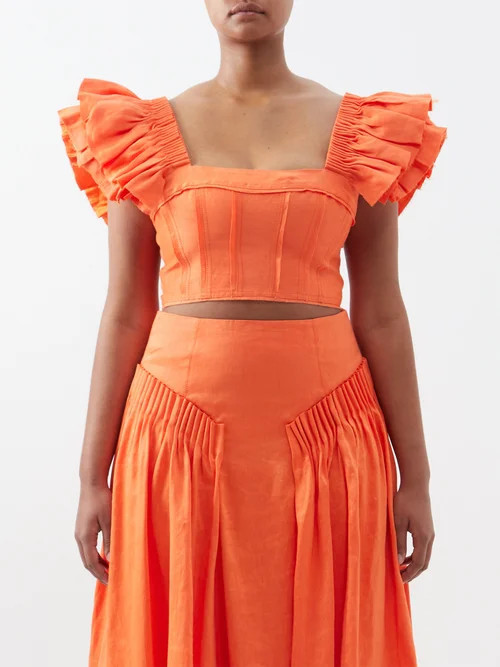Aje - Imagination Ruffle-sleeve Linen-blend Cropped Top - Womens - Orange | Matches (US)