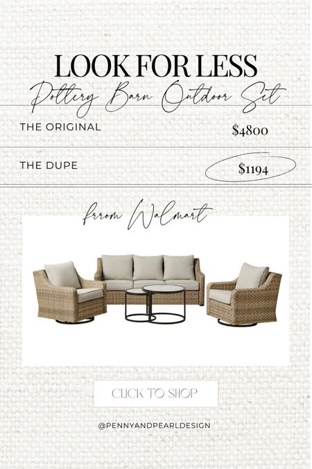 The Pottery Barn Huntington outdoor set look for less from Walmart! This 5-piece set is on roll back for less than $1200 and will ship within a week for the warm weather coming our way. Get it before it sells out again!

Shop now and follow @pennyandpearldesign for more home style ✨



#LTKsalealert #LTKhome #LTKSeasonal