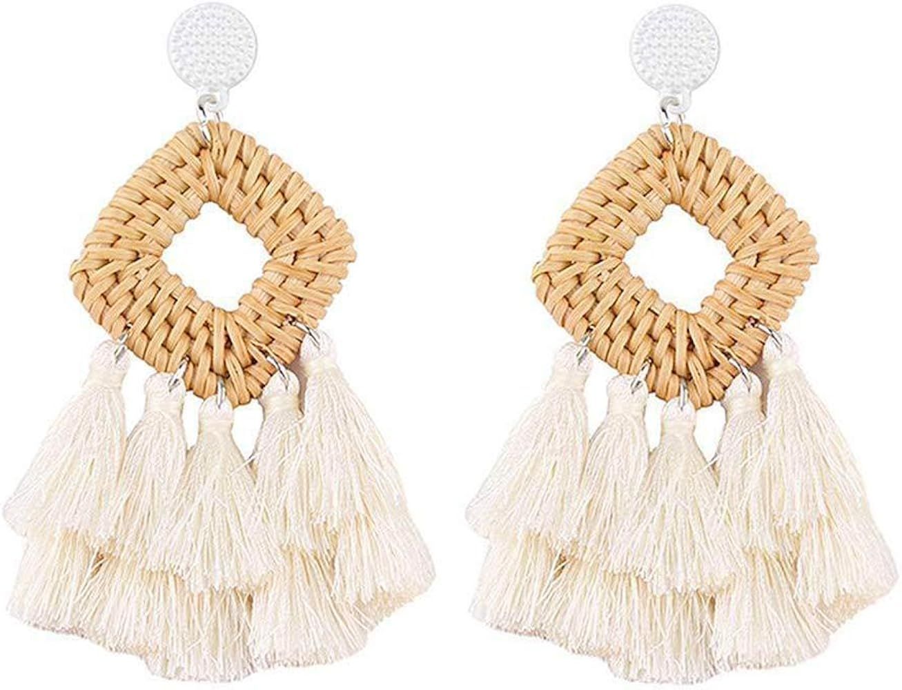 Bohemian Rattan Tassel Earrings for Women Lightweight Boho Jewelry Handmade Weaving Geometric Lon... | Amazon (US)