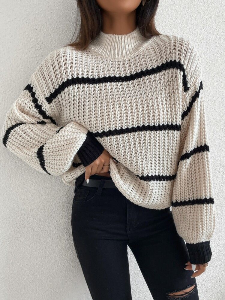 Drop Shoulder Pullover mit Streifen Muster und Stehkragen | SHEIN