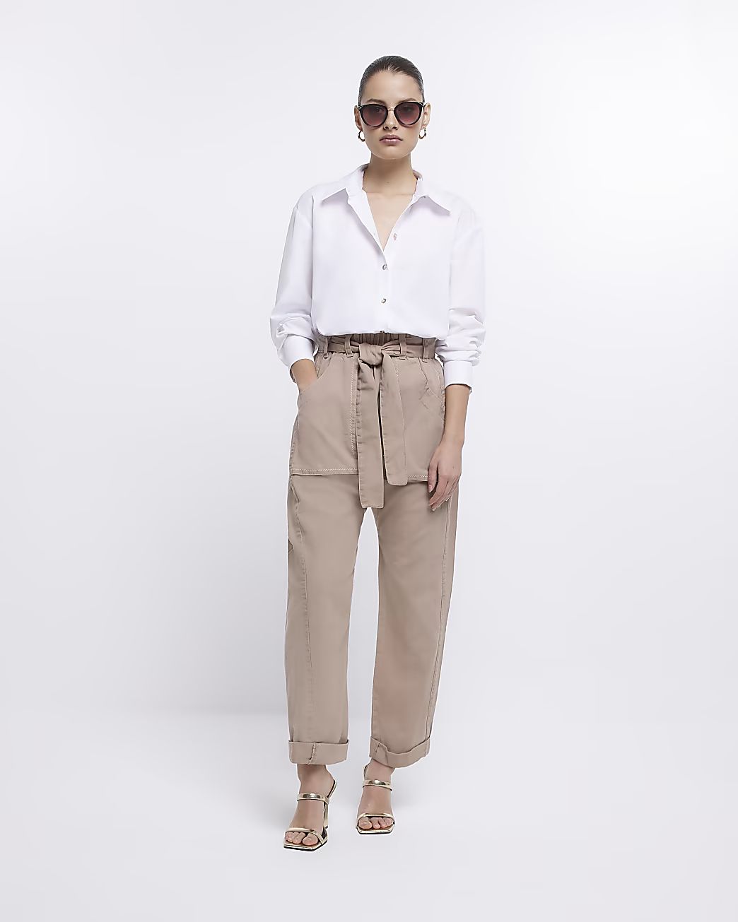 Beige paperbag slim trousers | River Island (US)