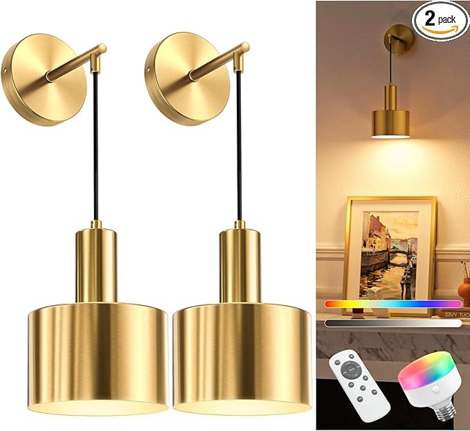 NIORSUN Battery Operated Wall Sconce Set of 2, Gold Wireless Rechargeable Wall Lights with 5200mA... | Amazon (US)