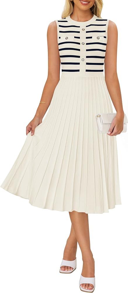 ZESICA Women's Sleeveless Striped Midi Dress Summer Crewneck Button Knit Swing Pleated A Line Cas... | Amazon (US)