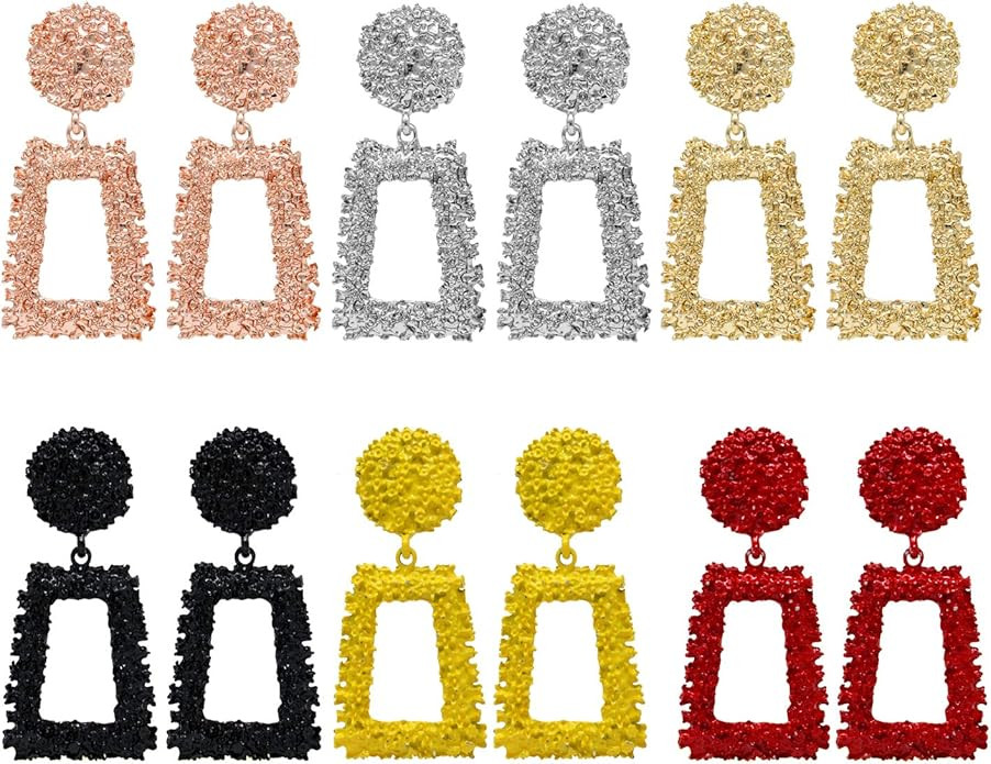 6 Pairs Rose Gold/Silver Raised Design Statement Earrings Geometric Dangle Earrings for Women Gir... | Amazon (US)