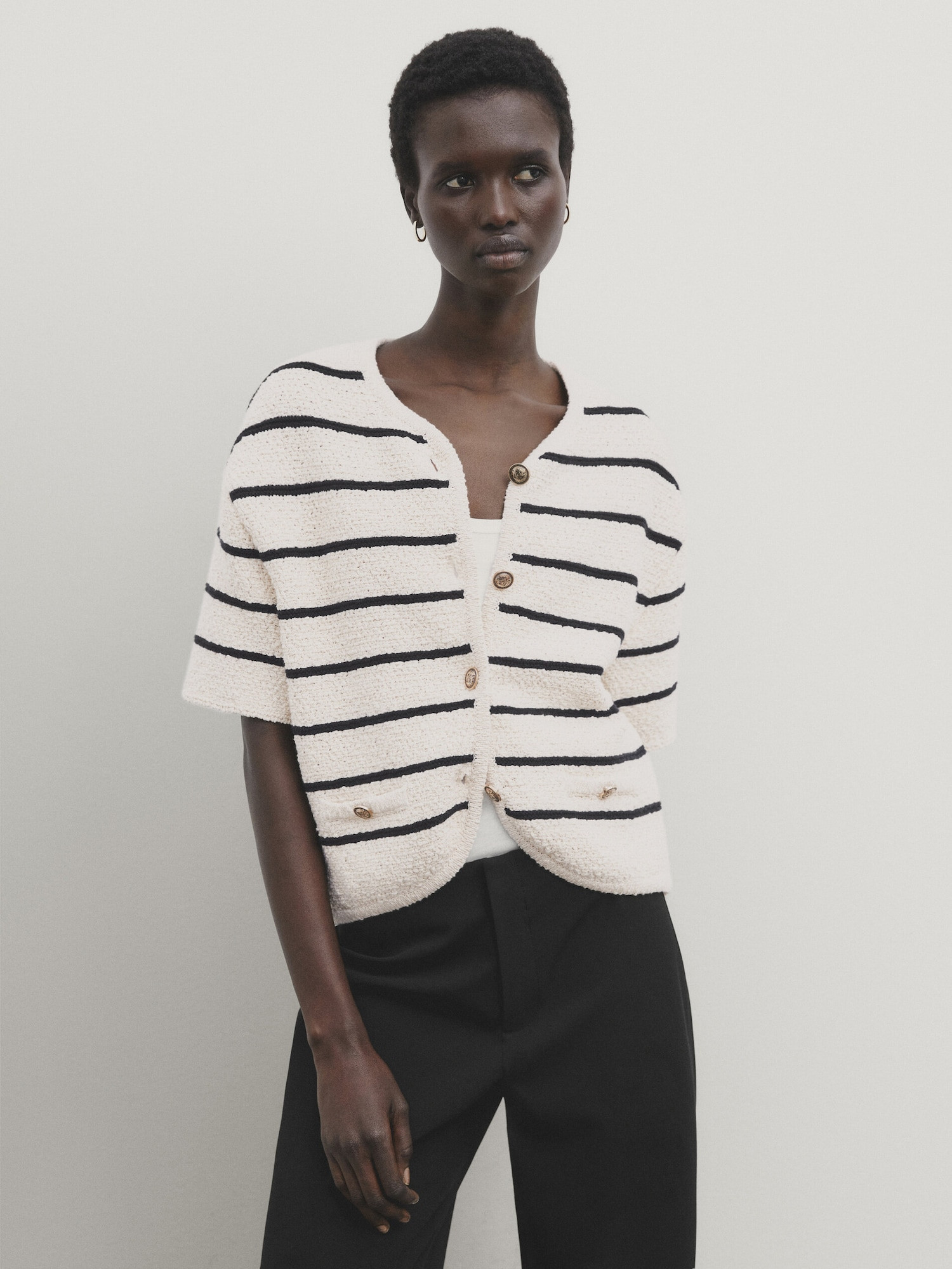 Striped short sleeve textured knit cardigan | Massimo Dutti UK