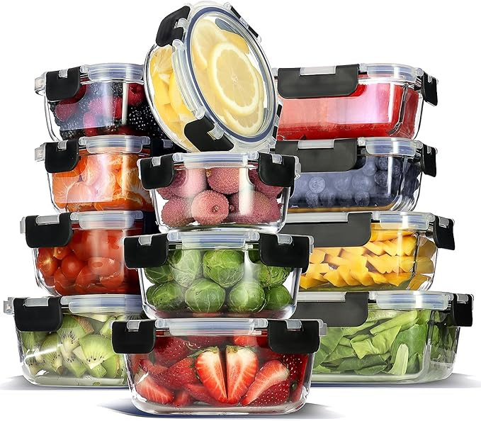EATEX 24pc Glass Storage Containers with Lids, 12 Set Glass Food Storage Containers with 12 Airti... | Amazon (US)
