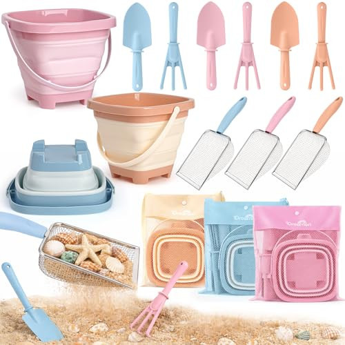 Beach Sand Toys Mesh Shovel Set for Kids, 3 Pack Collapsible Sand Buckets and Filter Sand Scooper with Mesh Bag for Shell Collecting, Shark Tooth Sifter Dipper Sandbox Toys for Toddlers Boys Girls | Amazon (US)