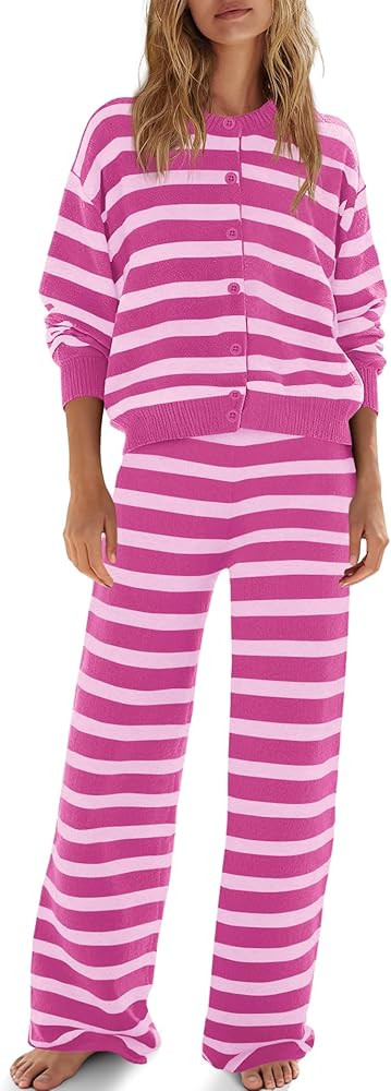 ReachMe Womens Oversized Striped 2 Piece Sets Button Up Cardigan and Wide Leg Pants with Pockets ... | Amazon (US)